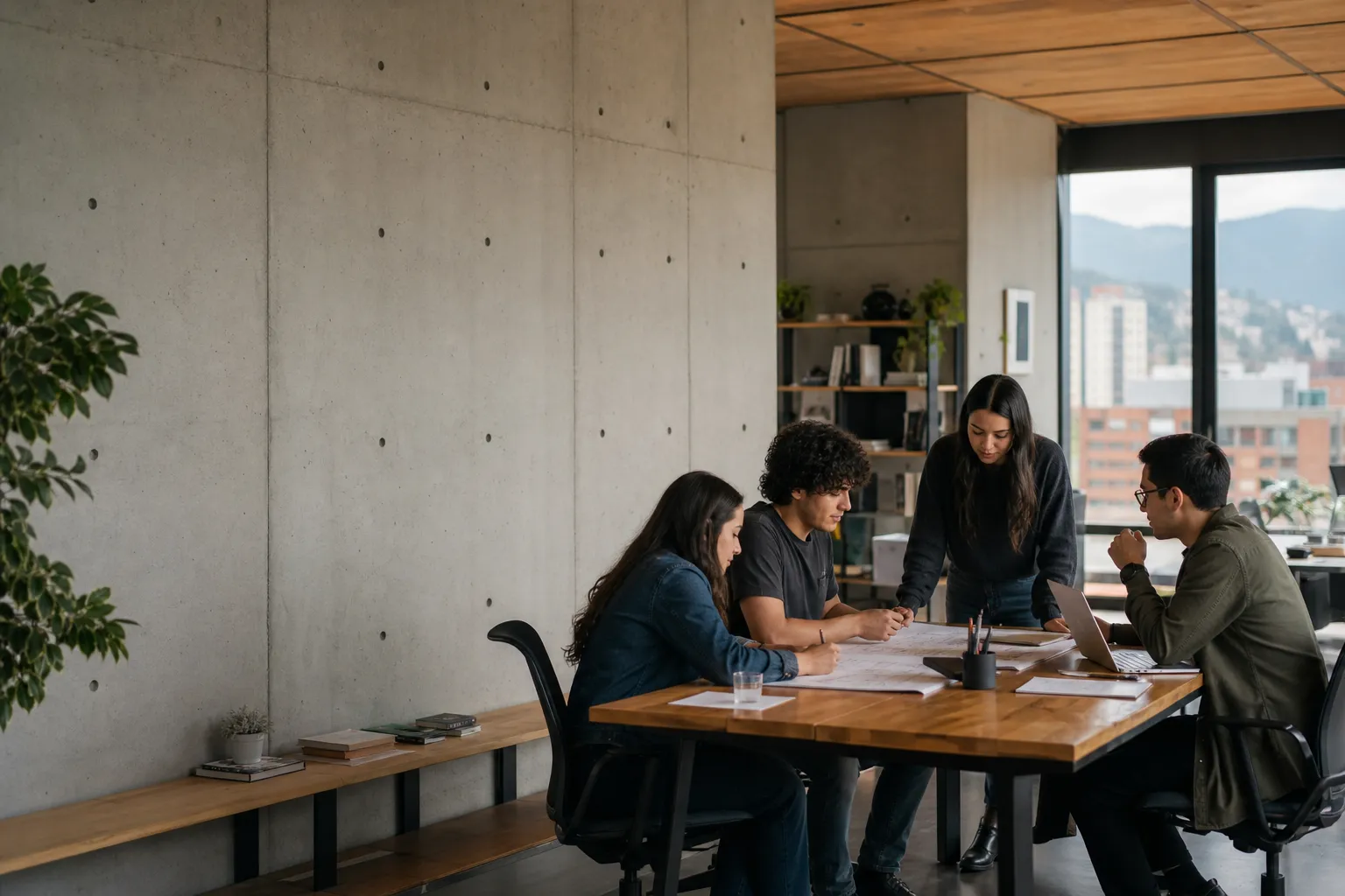 Equipo reunido alrededor de una mesa de trabajo
