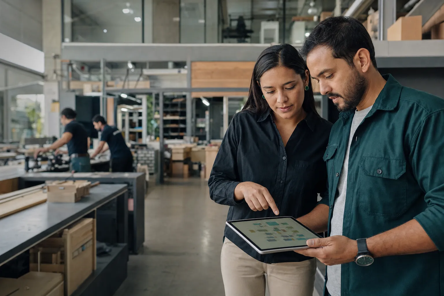 Operations lead and engineering professional reviewing a digital process