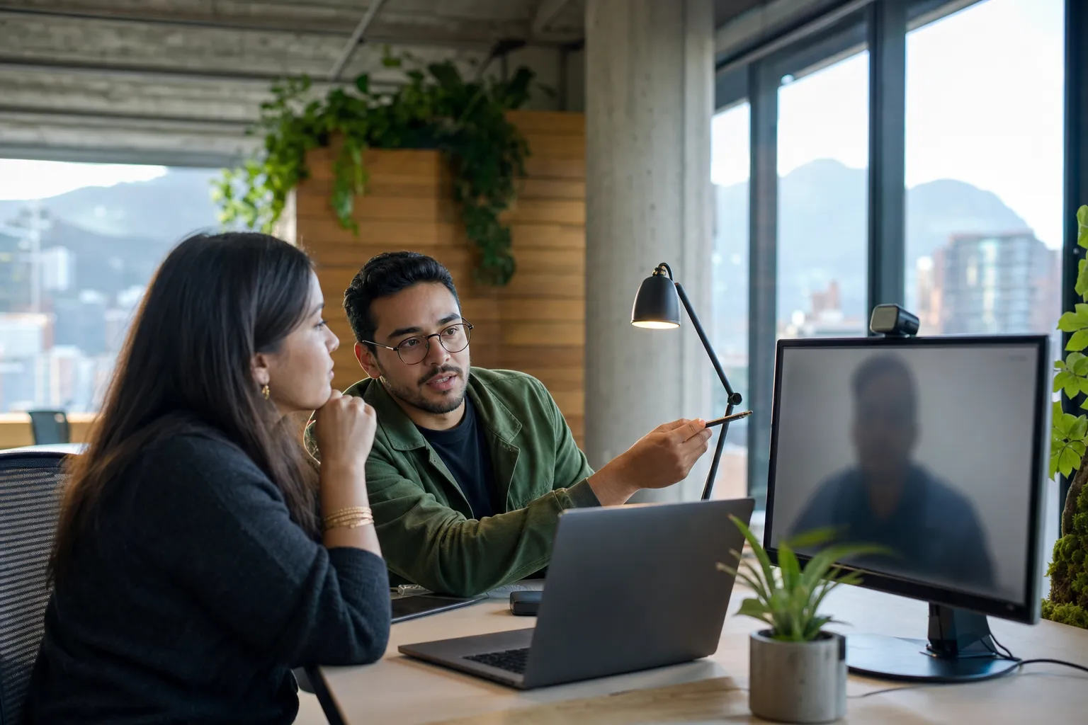 Two engineering professionals collaborating beside a video call