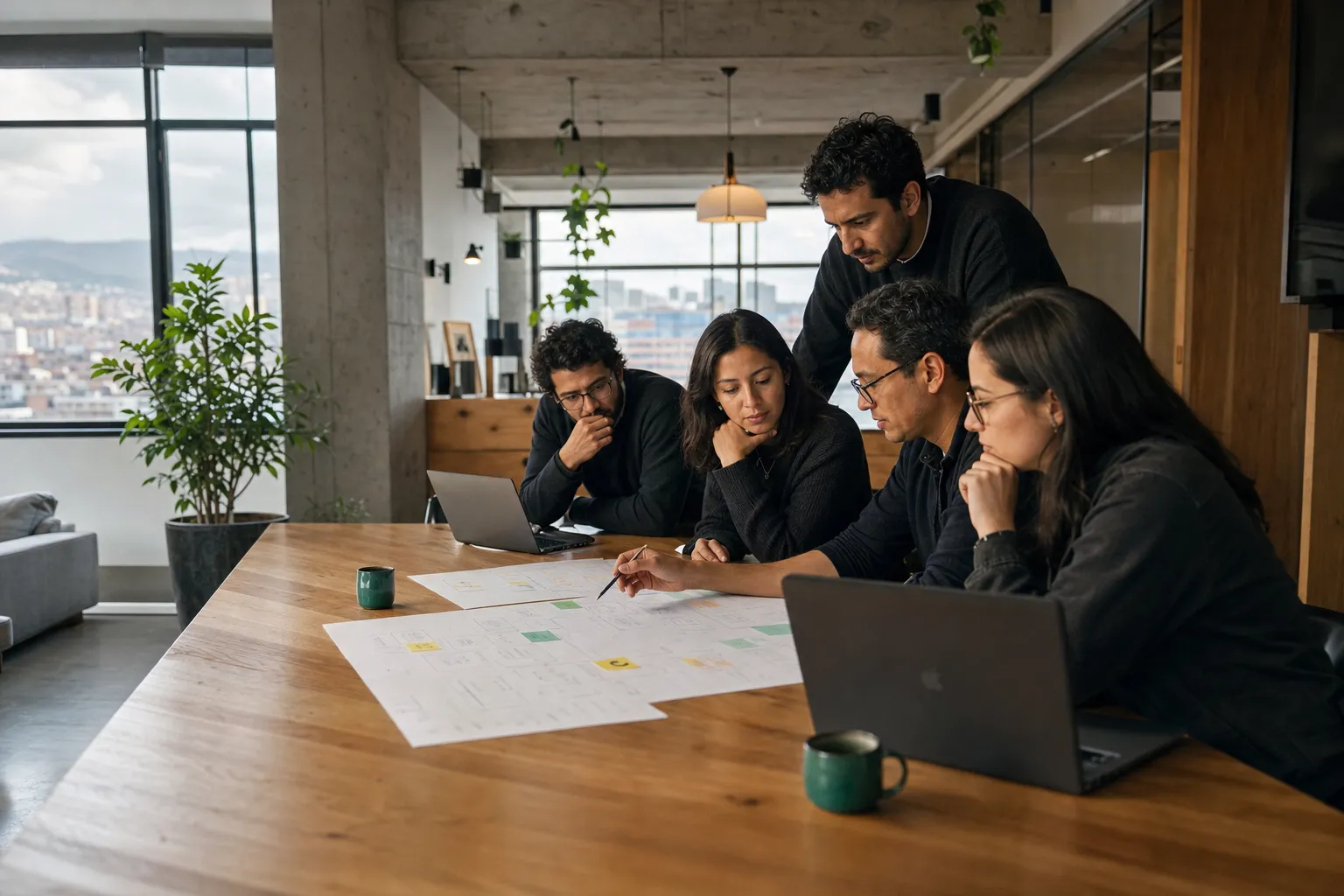 Engineering team gathered around a working table