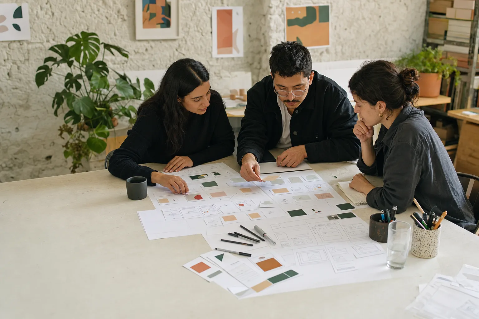Design team reviewing flows and interfaces on a table